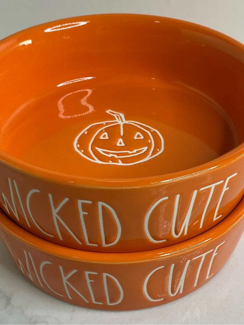 2 Rae Dunn Food Water Bowl Wicked Cute Dog Cat Small Ceramic Halloween Orange